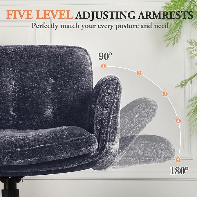 Criss Cross Chair with Wheels & Arms, Chenille Cross Legged Office Chair with 5-level Folding Armrest, Comfortable Adjustable Swivel Vanity Chair for Home, Make Up, Bed Room, Office, Accent (Blue)