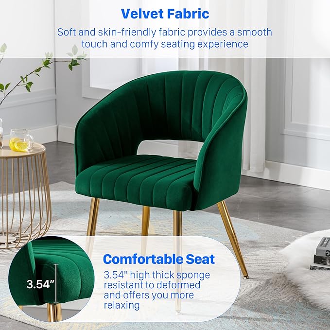 Home Office Chair Velvet Desk Chair Accent Armchair Upholstered Modern Tufted Chairs with Gold Legs for Girls Women Ergonomic Study Seat Computer Task Stools for Living Room(Green)