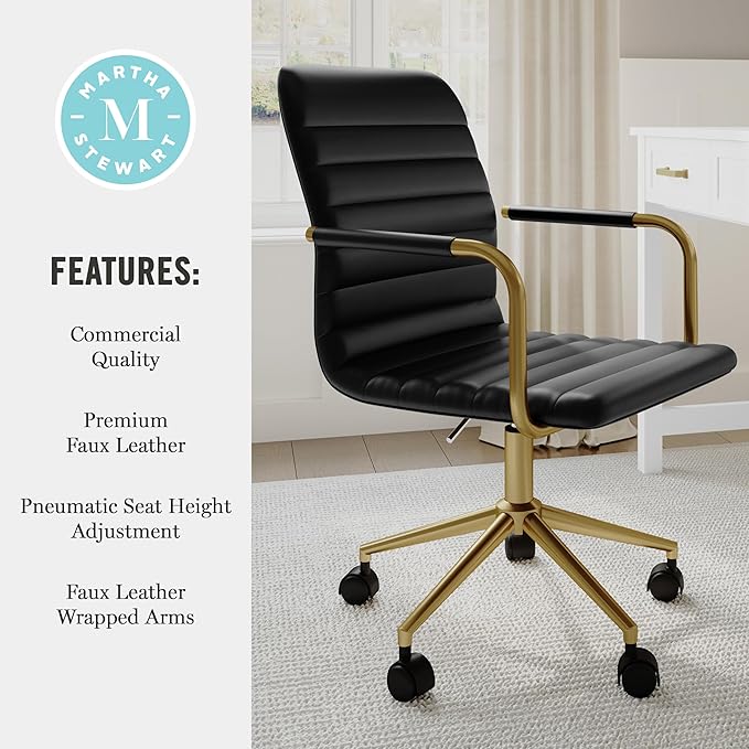 Martha Stewart Taytum Swivel Task Chair with Armrests for Home Office in Black Faux Leather with Polished Brass Frame