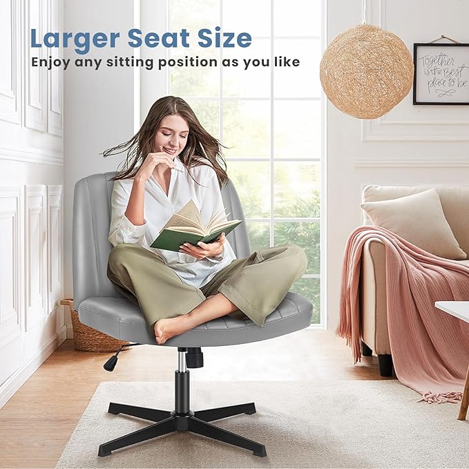 DUMOS Desk Chair No Wheels, Criss Cross Chair Wide Cross Legged Office Desk Vanity Chair, PU Leather Armless Adjustable Swivel Chairs for Home Computer Task,Grey-pu