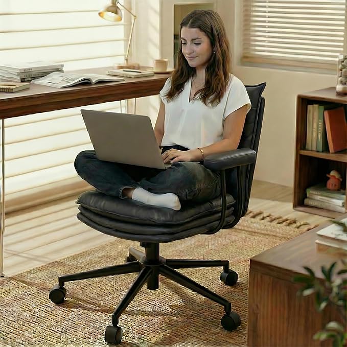 Black Office Chair with Triple-Layers Thicken Wide Seat, Mid Back Leather Desk Chair with Wheels and Arms, Mid-Century Modern Computer Chair for Home Office