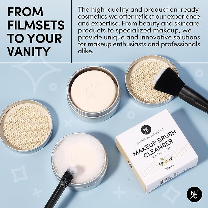 Narrative Cosmetics Makeup Brush Cleaner Soap with Silicone Scrubber Pad | Solid Cleanser for Brushes & Beauty Blenders | Vegan, Cruelty-Free, Avocado Jojoba Argan Oil, Vanilla Scent, 2.45 Oz