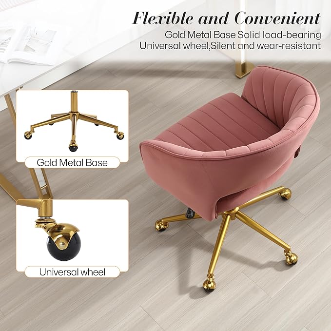 Home Office Swivel Desk Chair, Modern Velvet Vanity Chair, Height Adjustable Armchair with Gold Base, Ergonomic Office Chair for Task Study Computer Room, Rose