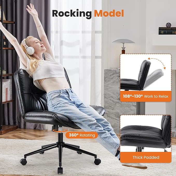 Sweetcrispy Armless-Office Desk Chair with Wheels, Cross Legged Wide Chair, PU Leather Comfortable Adjustable Swivel Computer Task Chairs for Home,Office,Make Up,Small Space,Bed Room Black