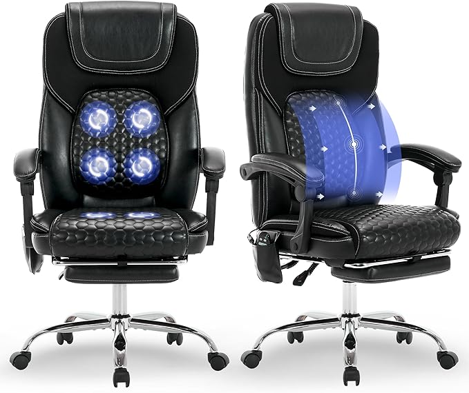 Massage Office Chair with 3-Level Heat and Footrest – 20-Min Easy Assembly, 300 lbs Big and Tall Desk Chair, PU Leather Ergonomic Executive Computer Chair with Side Pocket, Black,Set of 2