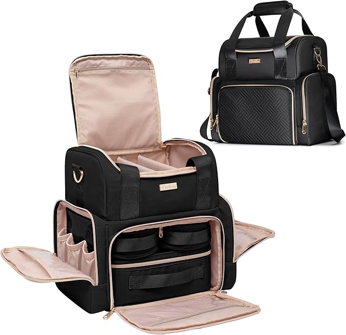 Large Cosmetic Bag with 3 Removable Case, Double Layer Travel Organizer with Inner Dividers and Makeup Brushes Storage Section, Black (Patented Design)