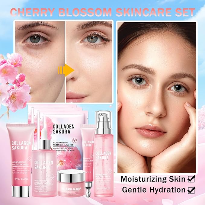 8PCS Sakura Skin Care Set with Cleanser,Serum,Toner,Face Cream,Eye Cream and Facial Sheet Masks,Hydrating Travel Size Skincare Gift Set,Moisturizing Facial Kit for Women