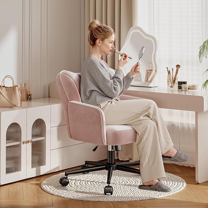 Vanity Chair with Wheels & Back,Pink Vanity Chair Adjustable Height Comfy Desk Chairs for Makeup, Work & Relaxation，Pink