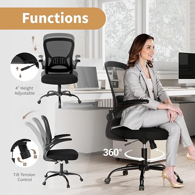 Youhauchair Mesh Office Chair, Ergonomic Home Office Desk Chairs with Flip-up Arms and Lumbar Support, Height Adjustable, Black