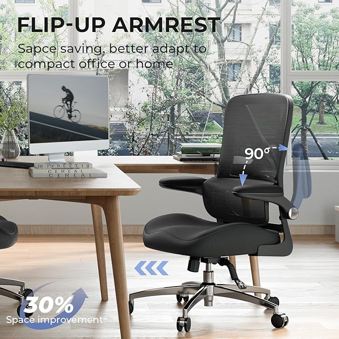 Ergonomic Office Chair Mid Back with Integrated Lumbar Support, Adjustable Height, Thick Memory Foam Seat, Rocking Function, 90° Flip-up Armrests – Comfortable Desk Chair for Home Office