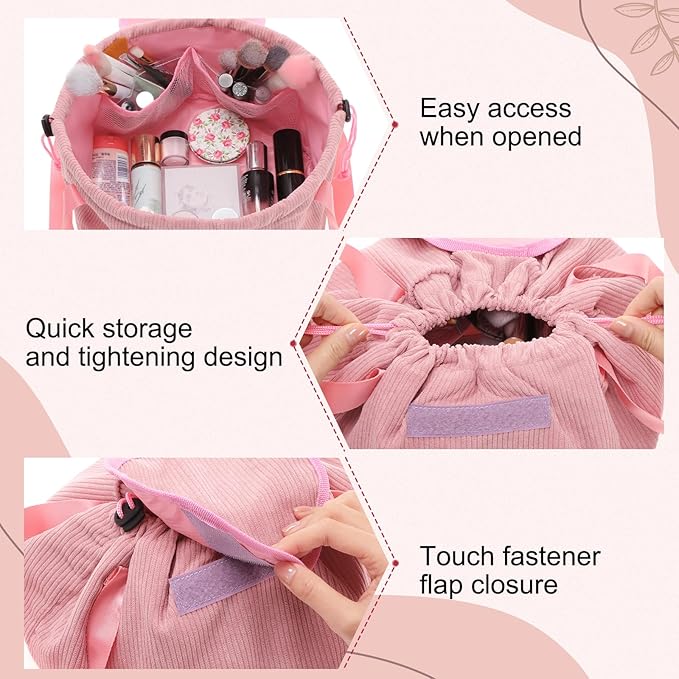 makeup bag lay flat Lay Flat Barrel Drawstring Corduroy Makeup Bag for Women Portable Open-flat Large Capacity Travel Cosmetic Organizer, Skincare & Brush Storage(Pink)