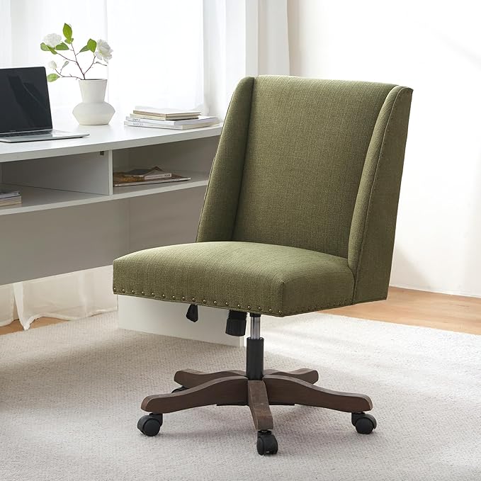 Upholstered Armless Office Chair with Wooden Legs, Modern Adjustable Home Office Desk Chair Computer Chair Swivel Chair for Home Office Study Studio (Green)