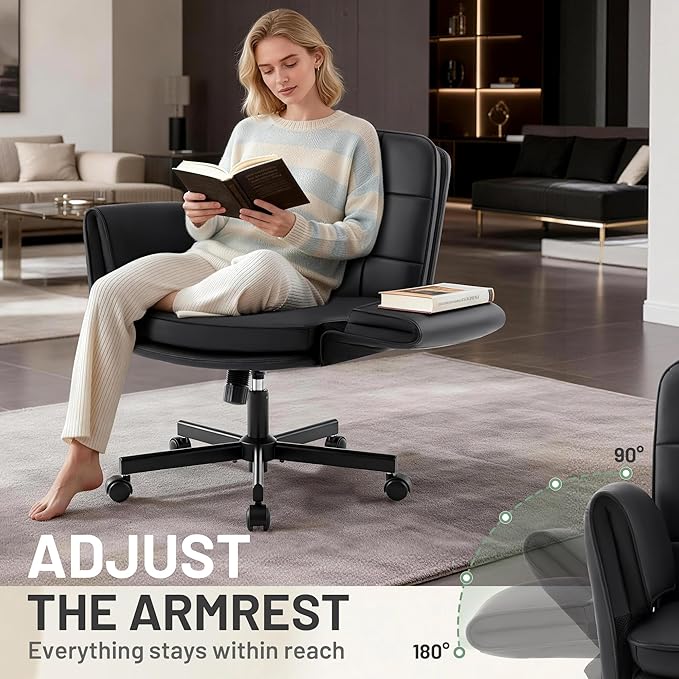 Criss Cross Chair with Wheels - PU Leather Comfy Wide Seat Criss Cross Desk Office Chair with Armrests - Comfortable Swivel Rolling Tilting Vanity Chair with Back for Home Office Makeup Bedroom