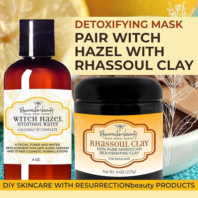 RESURRECTIONbeauty Witch Hazel Hydrosol with Leucidal® SF Complete | Alcohol Free Facial Toner & Witch Hazel Distillate Base Ingredient for Clay Masks & DIY Hyaluronic Acid Serum, 4oz