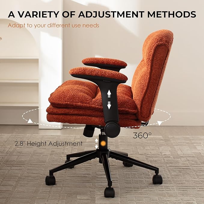 Dowinx Criss Cross Chair with Adjustable Flip-up Arms and Wheels, Comfort Ergonomic Office Desk Armchair with 3 Layer Cushions, Wide Seat Vanity Chair for Home Office, Living Room, Bedroom, Orange