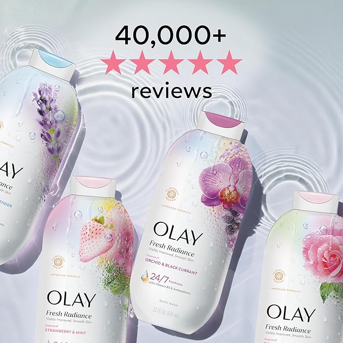 Olay Body Wash for Women, Fresh Radiance, 24/7 Skin-Loving Freshness, Visibly Radiant, Plant Based Cleansers, Vitamin B3 & Antioxidant Blend, For All Skin Types, Birch Water & Lavender Scent, 35 fl oz