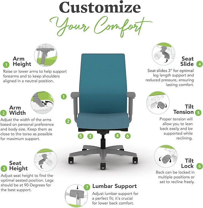 HON Ignition 2.0 Mid Back Task Chair, Spectrum Mesh, Advanced Synchro-Tilt Control, Office Chair with Lumbar Support, Height and Width Adjustable Arms, Titanium Frame, Sky