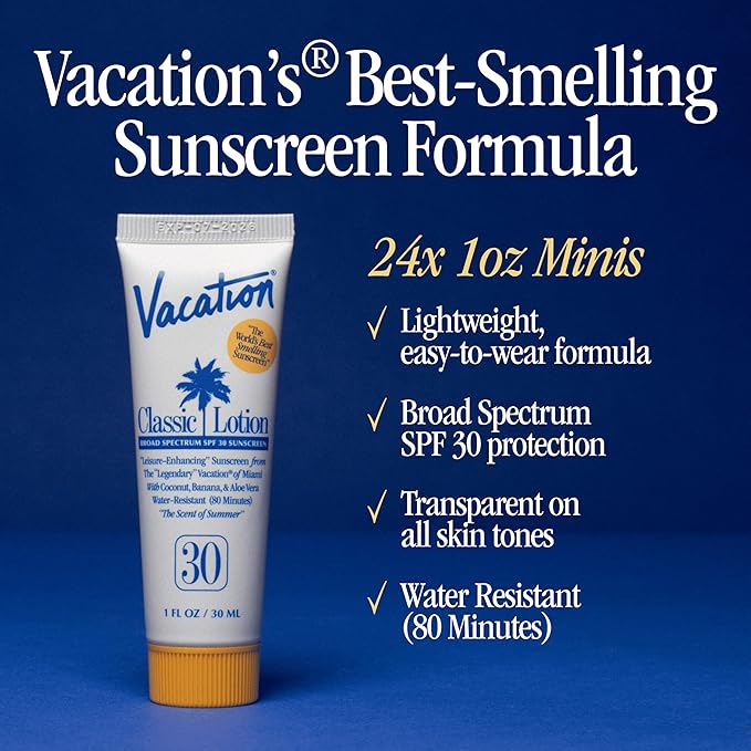 Vacation Mini Classic Sunscreen SPF 30, Water-Resistant, Bulk Suntan Lotion, Bachelorette Party Favors, Beach Must Haves, Traveling Essentials, Travel Size, 1 Fl. Oz. (Value Pack of 24)