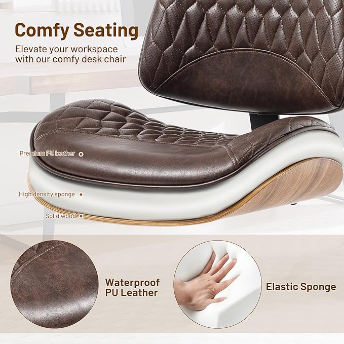 Walnut Bentwood Mid Back Armless Office Chair 1 Pack, Adjustable Height PU Leather Swivel Desk Chair with Wheels, Rolling Computer Task Chair for Home Office, Study, Meeting Room