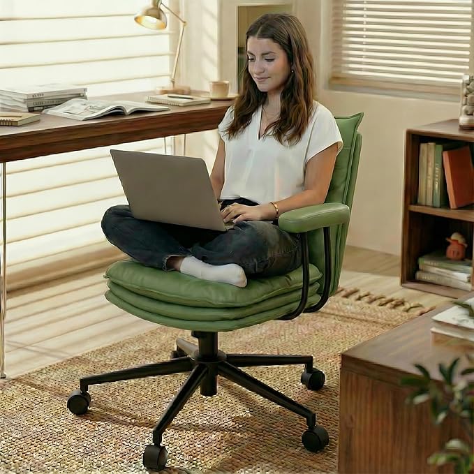 Sage Green Office Chair with Triple-Layers Thicken Wide Seat, Mid Back Leather Desk Chair with Wheels and Arms, Mid-Century Modern Computer Chair for Home Office