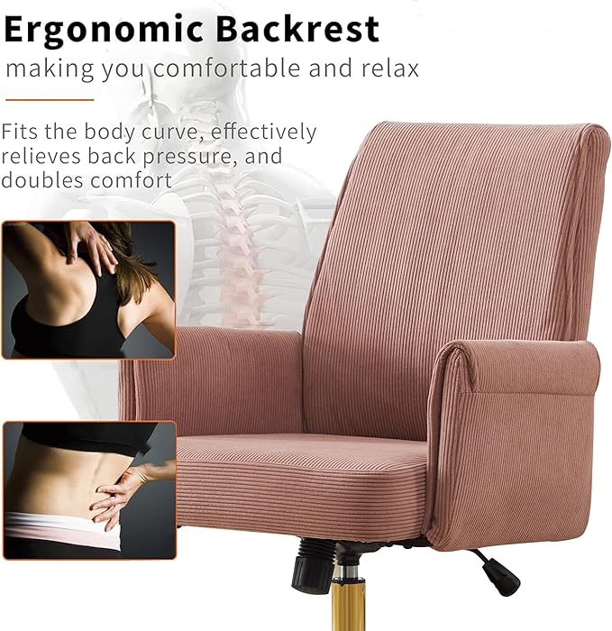 Stripes Velvet Home Office Desk Chair, Accent Upholstered Modern Height Adjustable Swivel Chair with Wheels,Ergonomic Task Chair for Living Room,Bedroom,Vanity,Study,Office（Pink）