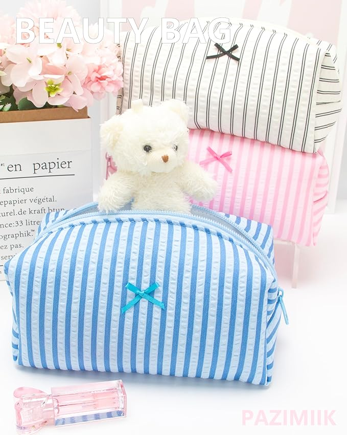 PAZIMIIK 2PCS Cozy Makeup Bag Small Aesthetic Travel Zipper Cosmetic Pouch for Women Make Up Beauty Accessories Brushes, Stripe Lake Blue