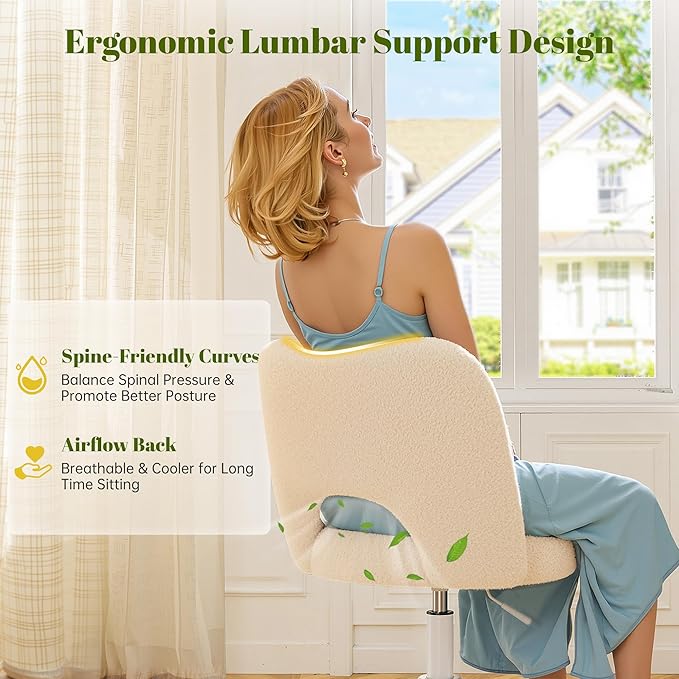 Vanity Chair with Wheels Armless, Cute Vanity Chair with Back,Ultra-Plush Fleece Cute Desk Chair, Small Office Chair Height Adjustable,for Make-up Room,Bedroom,Off-White