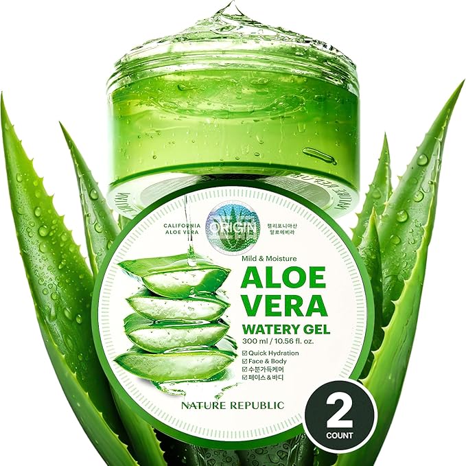 Nature Republic Mild & Moisture Aloe Vera Watery Gel (2 PCS) | Hydrating & Moisturizing, Fast-Absorbing Non-Sticky, Aftersun & Aftershave Soothing Gel for Face & Hair, Korean Skincare, All Skin Types