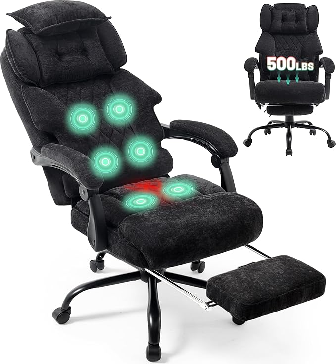 Massage Office Chair with Foot Rest,6 Points Vibration & Heat Executive Office Chairs for Heavy People,500LBS Big and Tall Office Chair,Ergonomic Reclining Desk Chair,Dual-Use Pillow,BlackCloth