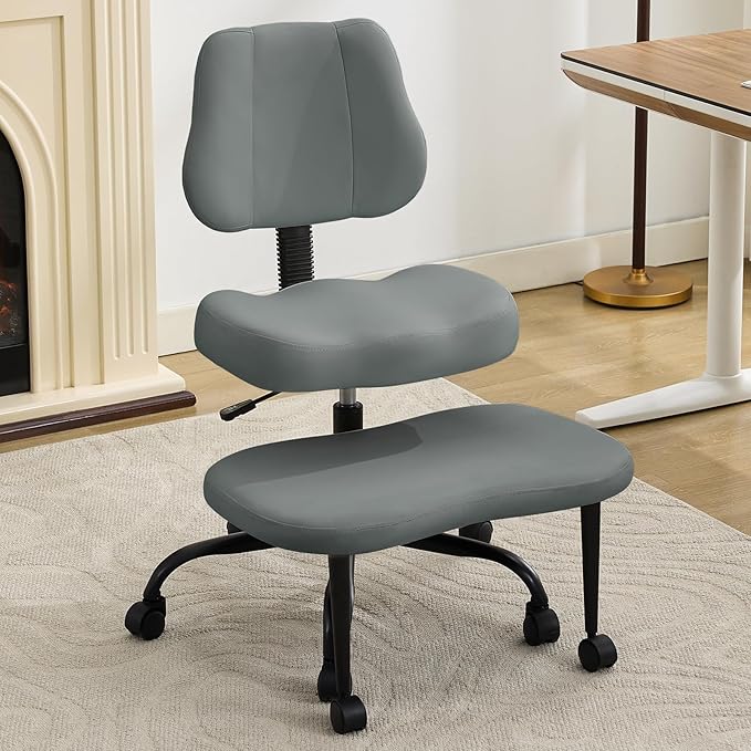 Ergonomic Cross Legged Office Chair, Criss Cross Chair with Wheels, 360°Swivel ADHD Meditation Kneeling Yoga Seat with Adjustable Height, Ergonomic Back Support and Leg Rest, Leather (Gray)