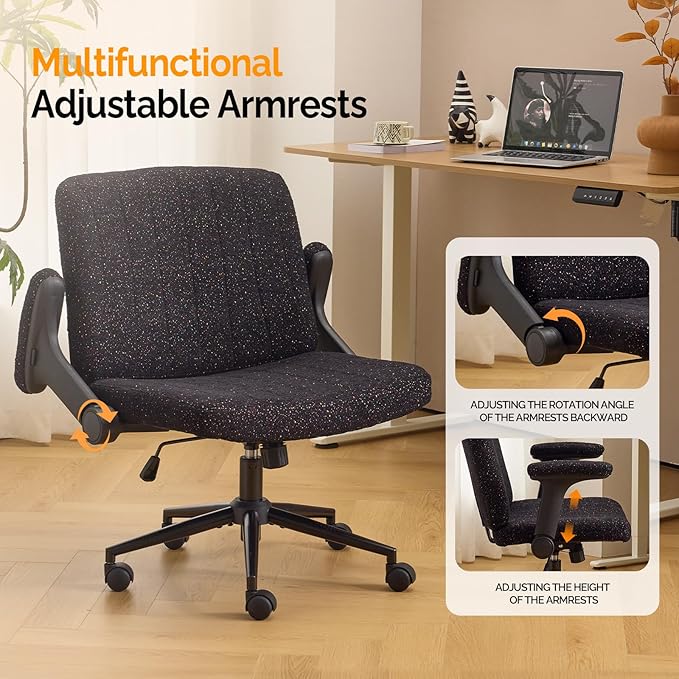 VINGLI Criss Cross Chair with Adjustable Flip-Up Arms,Cross Legged Chair with Wheels,Extra Wide Office Chair,Desk Chair for Home Office,Vanity,Bedroom, Apartment,Starry Chenille,Black