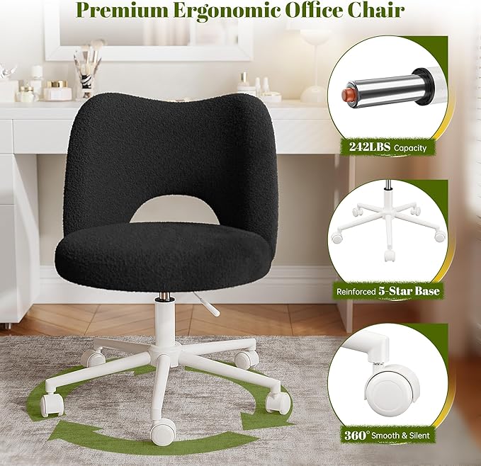 Small Vanity Chair with Silent Wheels Black, Cute Vanity Chair with Back,Ultra-Plush Fleece Cute Desk Chair, Small Office Chair Height Adjustable,for Make-up Room,Bedroom