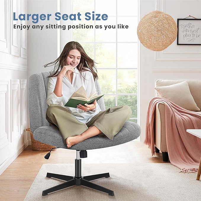 DUMOS Criss Cross Legged Chair Wide Comfy Home Office Desk Seat, No Wheels Armless Computer Task Seating, Swivel Vanity Chair Height Adjustable for Makeup Bedroom, Fabric Gay