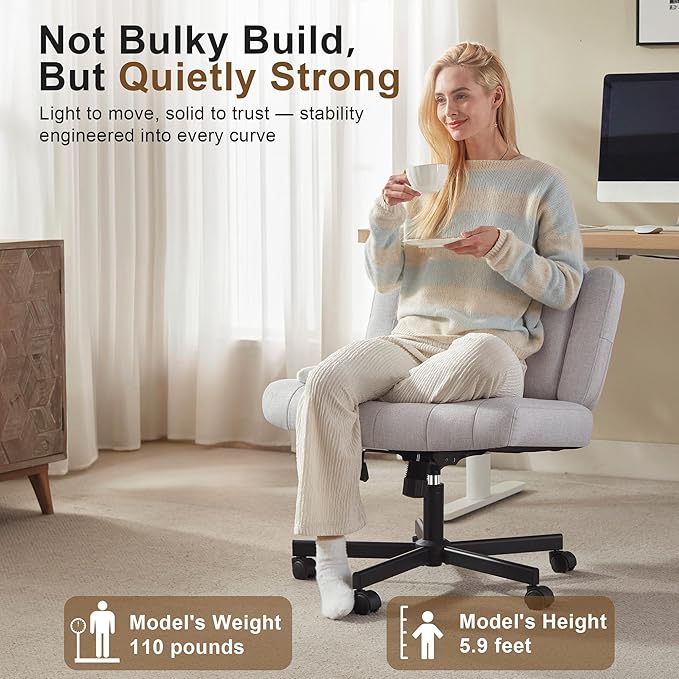 Criss Cross Chair with Wheels - Wide Seat Cross Legged Office Chair with Flip-up Arms - Comfy Swivel Rolling Desk Chair with Thick Cushion and Rocking Function for Home Office Vanity Bedroom