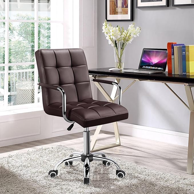 Yaheetech PU Leather Mid-Back Task Desk Chair Modern Adjustable Swivel Home Office Chair with Smooth Casters Brown