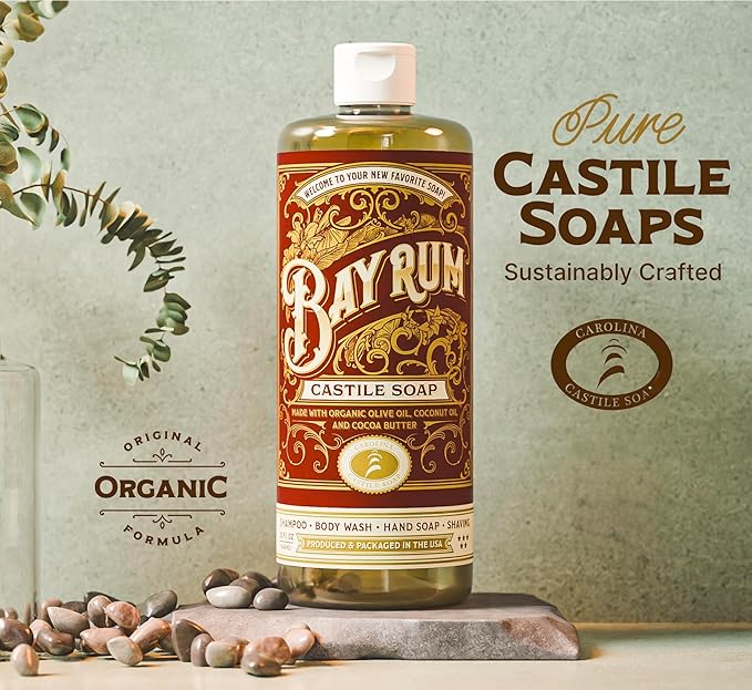 Carolina Castile Soap Bay Rum Scent – Certified Organic Base, High Olive Oil Content, Non-Drying, Made with Organic Oils, Concentrated Natural Body Wash for Men and Women (Bay Rum, 1 Gallon)