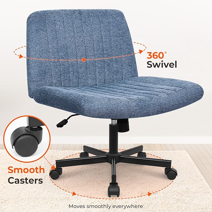 NEO Chair Criss Cross Chair with Wheels Home Office Cross Legged Armless Chairs Ergonomic Adjustable Computer Desk Task Wide Seat for Bedroom Vanity Comfy Swivel (Blue)