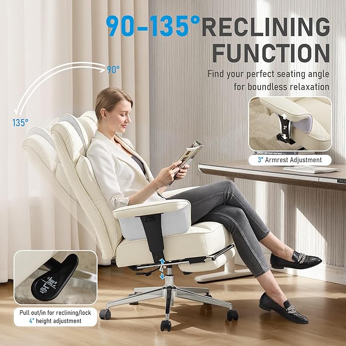 Big and Tall Office Chair, Ergonomic Leather Reclining Chair with Footrest, High-Back Comfy Executive Computer Desk Chairs with Lumbar Support, Wide Seat, 400LBS (Beige)