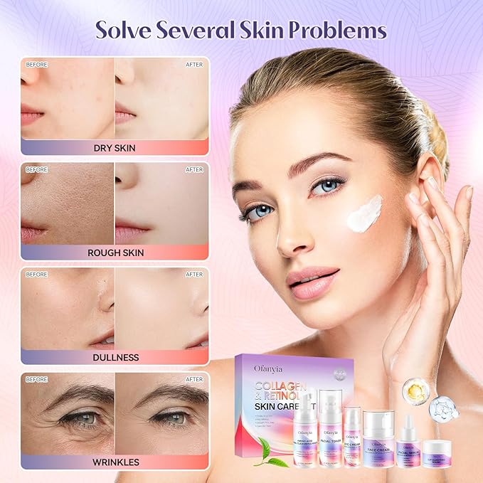 Valentines Day Gifts for Women, Collagen Retinol Skincare Set, 6 Pcs Anti-Aging Skin Care Set with Hydrating Cleanser, Eye Cream, Toner, Cream & Lip Mask, Facial Kit for Women, Birthday Gift for Her