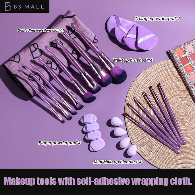 BS-MALL 14 Pcs Travel-friendly Makeup Brush Set With Eyeshadow Brush, Foundation Brush, Triangle Puff & Finger Sponges, Mini Makeup Sponge & Magic Tape Storage Bag For Daily Use