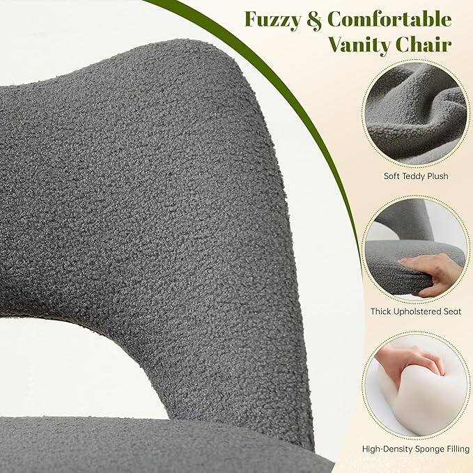 Vanity Chair with Wheels Armless, Cute Vanity Chair with Back,Ultra-Plush Fleece Cute Desk Chair, Small Office Chair Height Adjustable,for Make-up Room,Bedroom,Grey