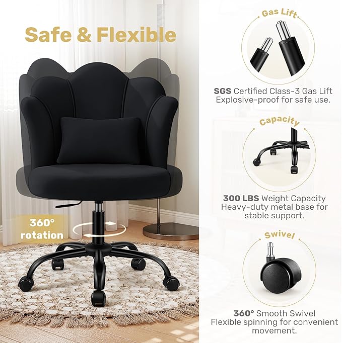 Petal Vanity Chair with Wheels, 3.15" Extra Thick Comfy Makeup Chair, Adjustable Modern Swivel Armless Desk Chair for Girls Women, Aesthetic Small Office Chair for Bedroom Dorm