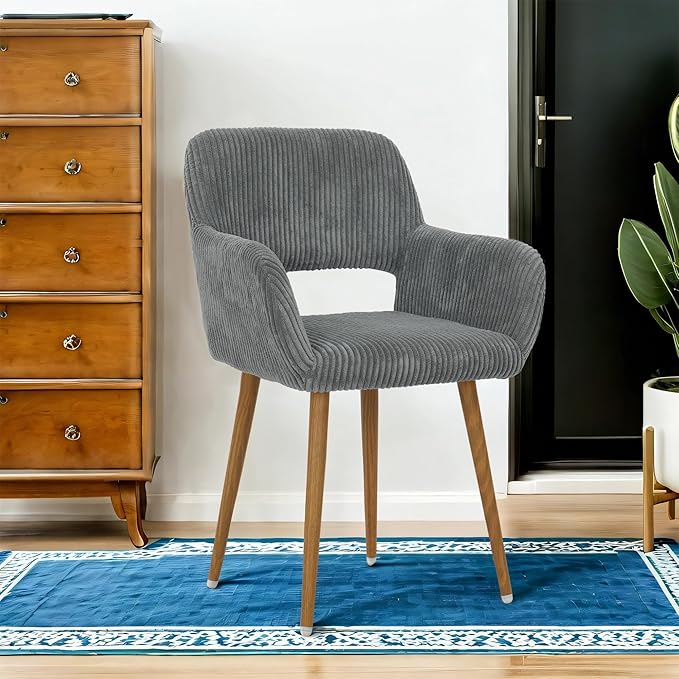 HENJIANYI Home Office Corduroy Desk Chair, Makeup Vanity Chair, Comfy Accent Armchair with Wood Grain Metal Legs, Cute Dining Chair with Hollowed Back, Dark Gray
