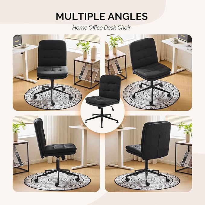 VINGLI Mid Back Armless Office Desk Chair with Wheels/no Wheels,360°Rocking Swivel Vanity Chair with Thickened Cushion,Adjustable Height Rolling for Reading Room, Make up, Linen Black