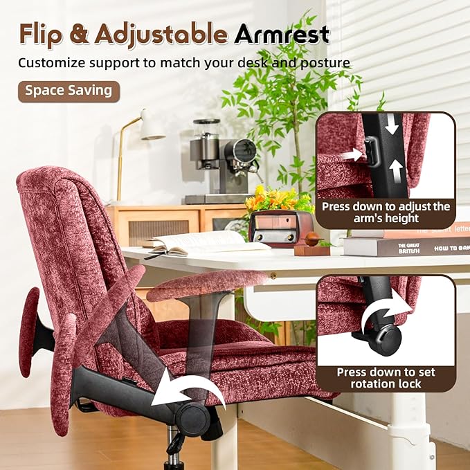 Criss Cross Chair with Wheels & Flip Arms, Wide Cross Legged Office Chair with Adjustable Tilt Criss-Cross Desk Chair with Lumbar Support for Home Office, Bedroom, Apartment Red