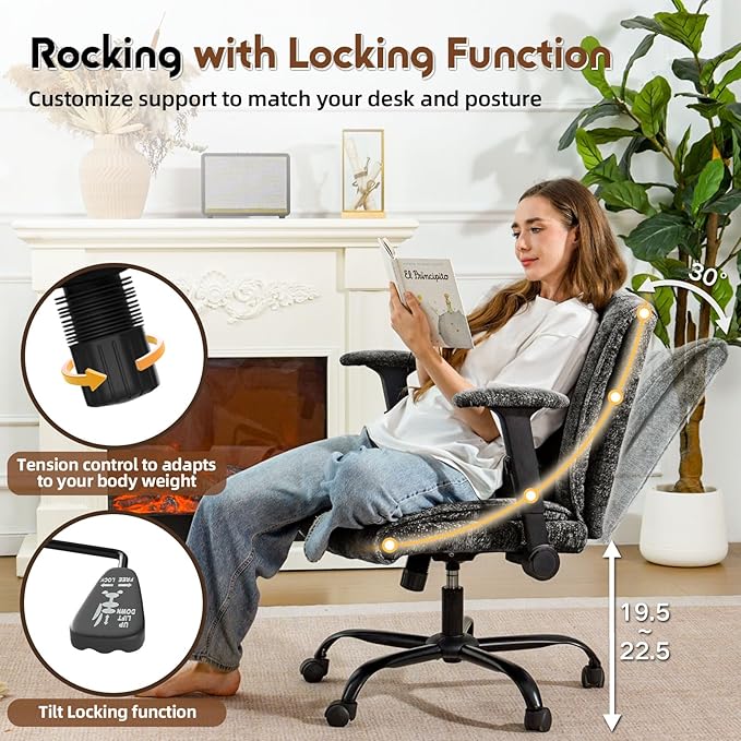 Criss Cross Chair with Wheels & Flip Arms, Wide Cross Legged Office Chair with Adjustable Tilt Criss-Cross Desk Chair with Lumbar Support for Home Office, Bedroom, Apartment Black