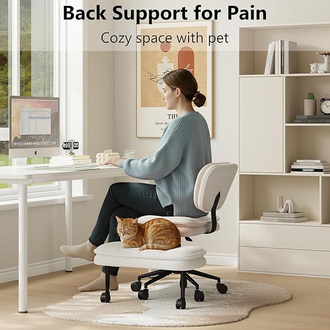 AODAILIHB Ergonomic Cross Legged Office Chair with Pull-Out Stool, 360° Swivel Teddy Fabric Meditation Chair with Wheels, Height Adjustable Kneeling Chair with Lumbar Support for Home Office, White