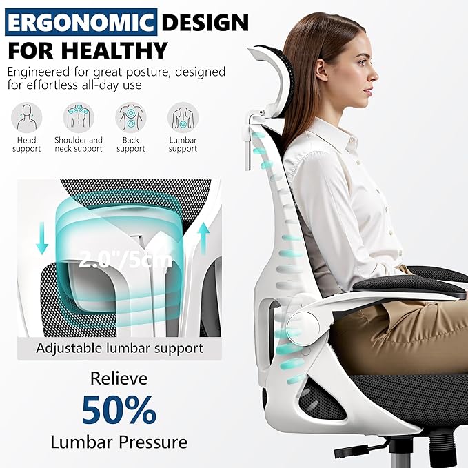 Ergonomic Office Chair, Mesh Desk Chair with Adjustable Headrest & Lumbar Support, Rolling Computer Chair with Flip-up Armrests, Comfy Swivel Home Office Chair for Long Hours - White