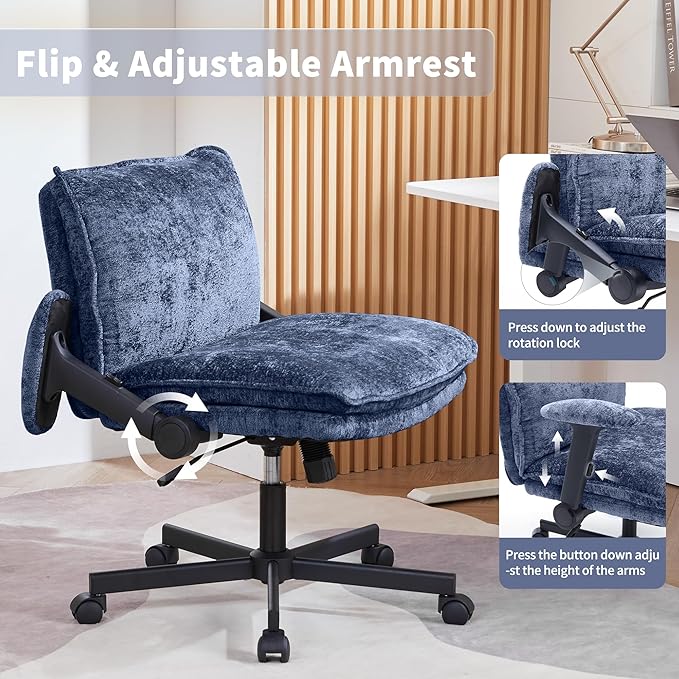 Cross Legged Office Chair, Height Adjustable Swivel Desk Chair with Flip-Up Arms, Padded Criss Cross Chair for Home Office & Bedroom