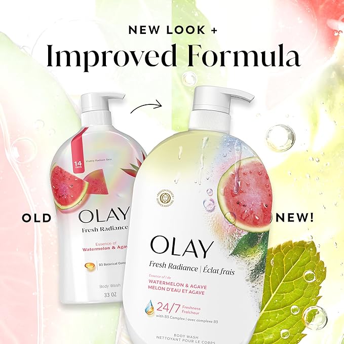 Olay Body Wash for Women, Fresh Radiance, 24/7 Skin-Loving Freshness, Visibly Radiant, Plant Based Cleansers, Vitamin B3 & Antioxidant Blend, For All Skin Types, Watermelon & Agave Scent, 35 fl oz